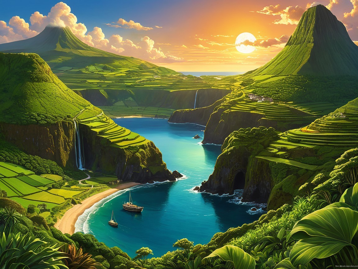 Tropical Landscape with Mountains and Waterfalls