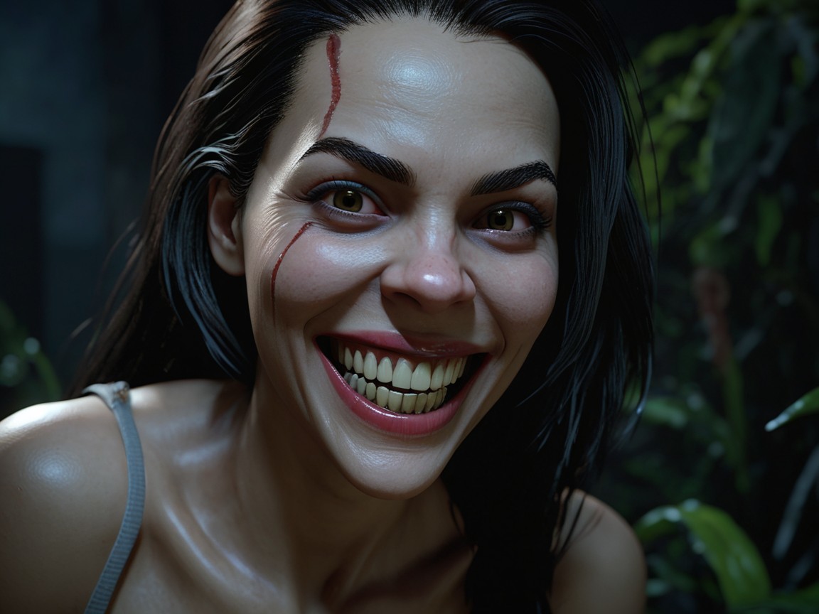 Close-up of a woman with a menacing grin in jungle