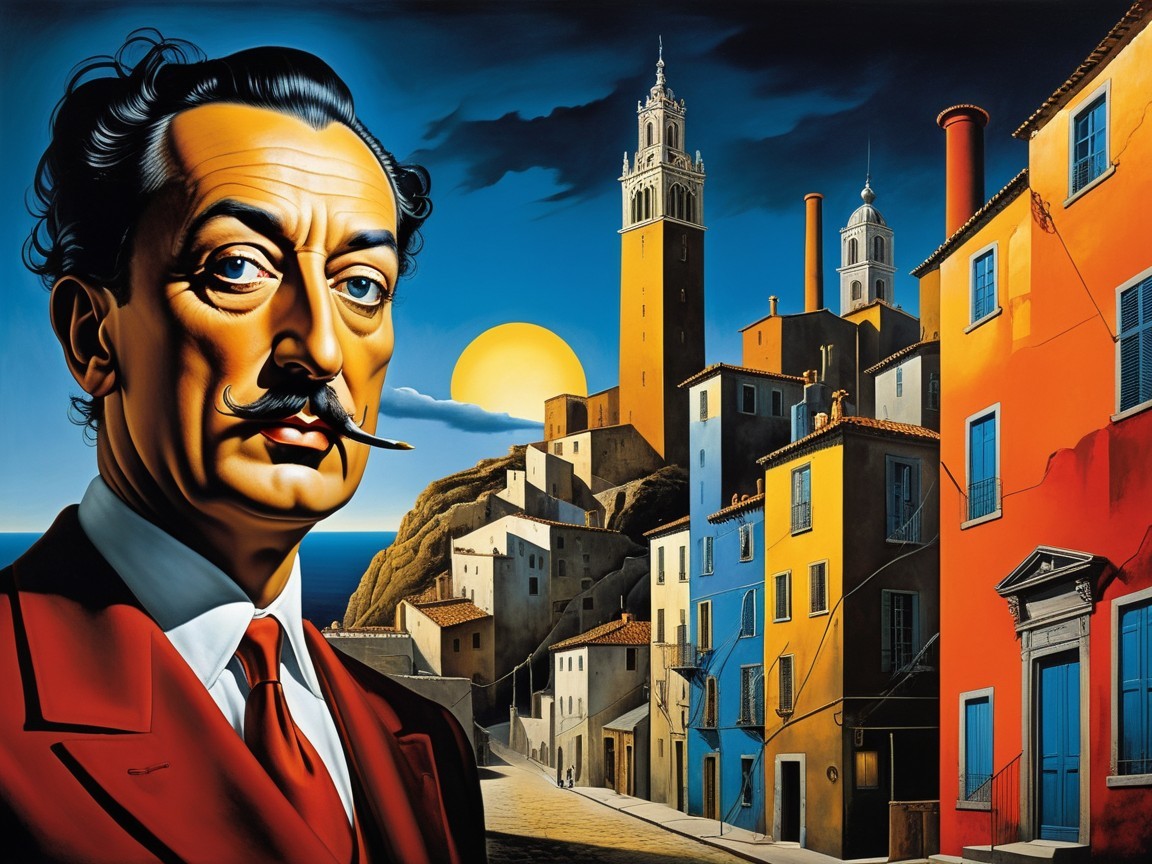 Surreal Landscape with Dramatic Sunset and Man in Red Suit