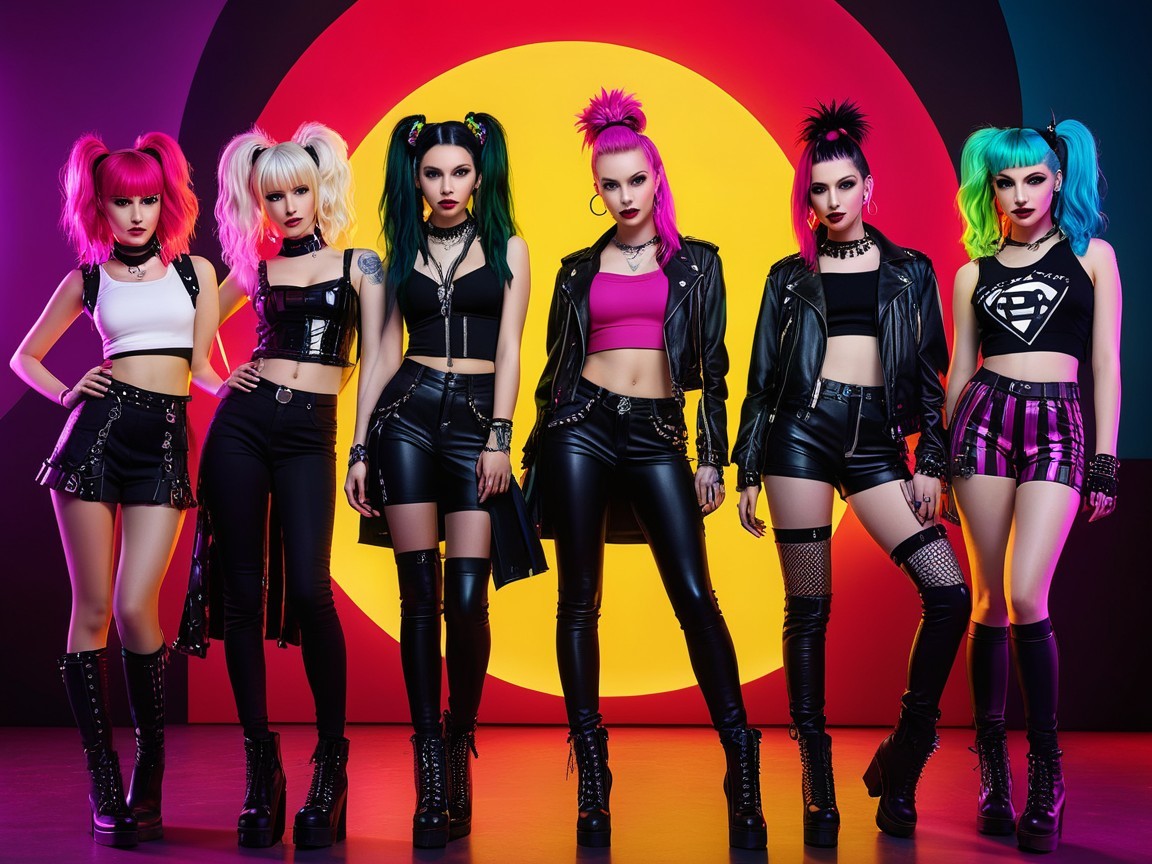 Punk-Inspired Fashion of Six Stylish Women in Colorful Setting