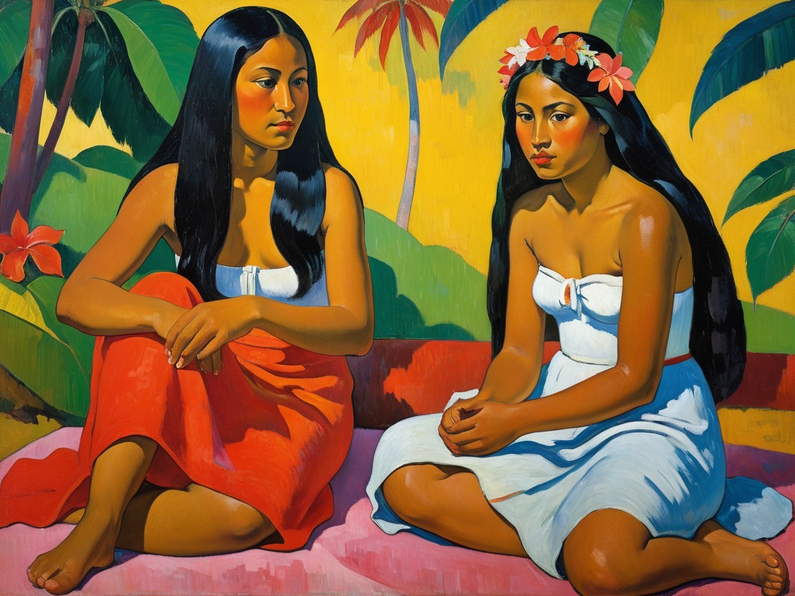 Young Women in Vibrant Tropical Setting Painting