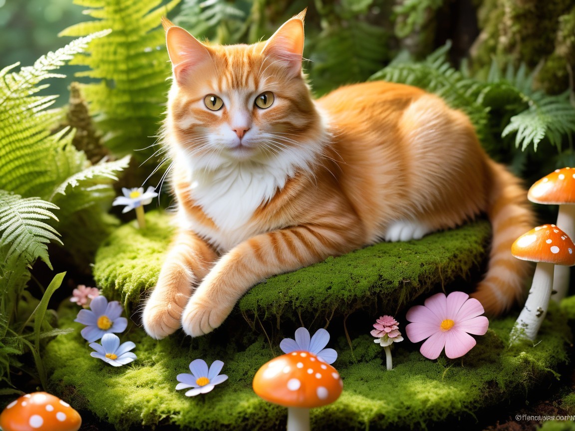 Fluffy Orange Tabby Cat in Enchanting Forest Setting