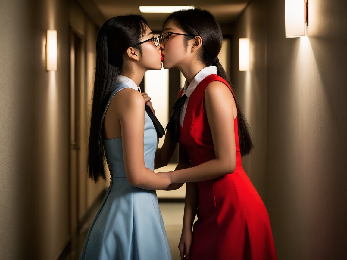 Intimate Moment Between Two Women in Dim Hallway