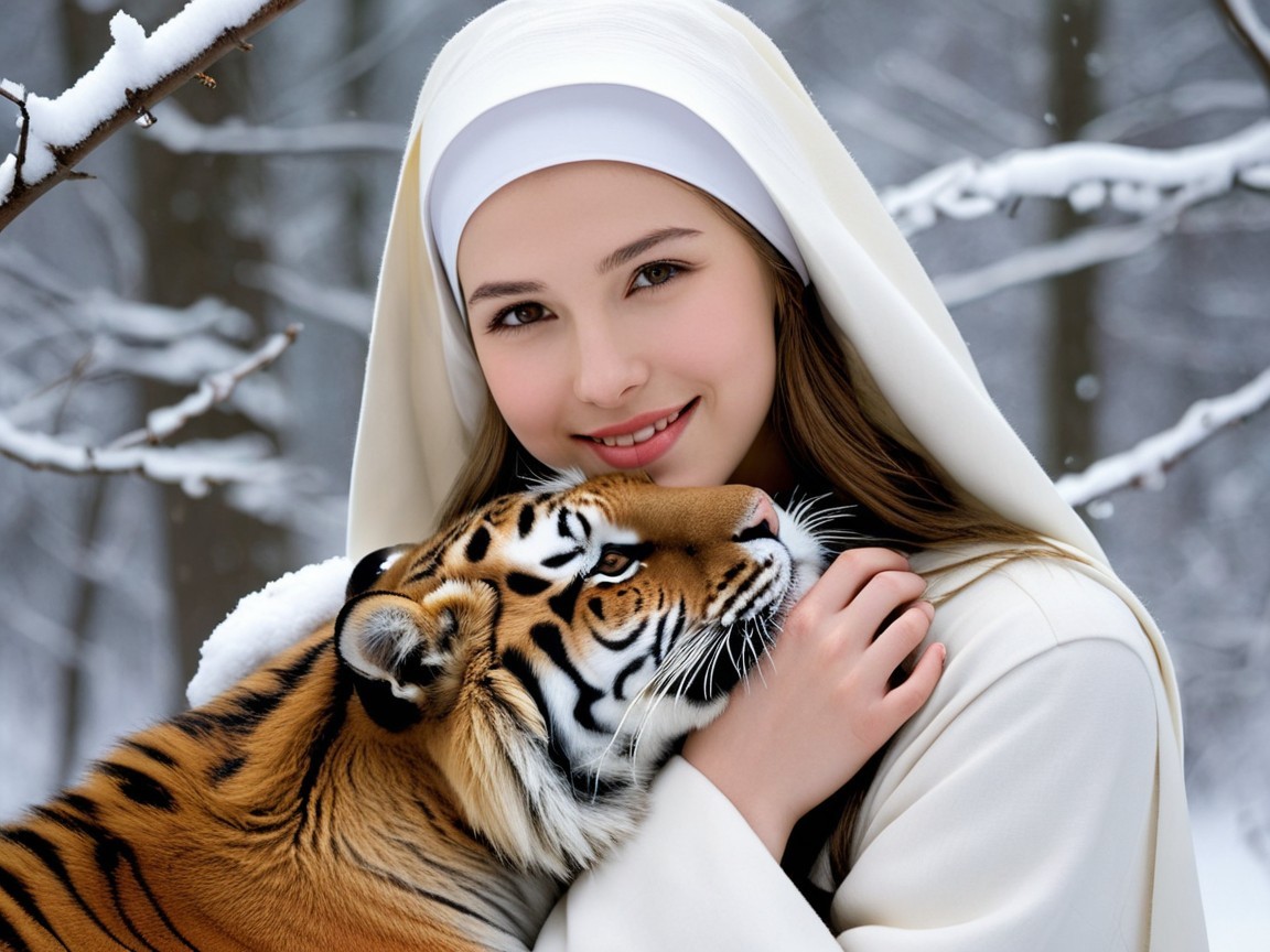 Winter Scene of a Woman and a Tiger in Snow