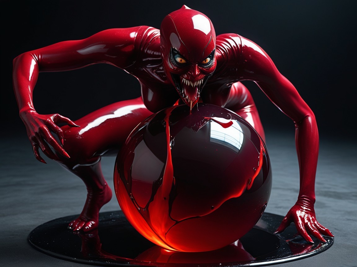 Glossy Red Creature with Dark Orb and Menacing Features