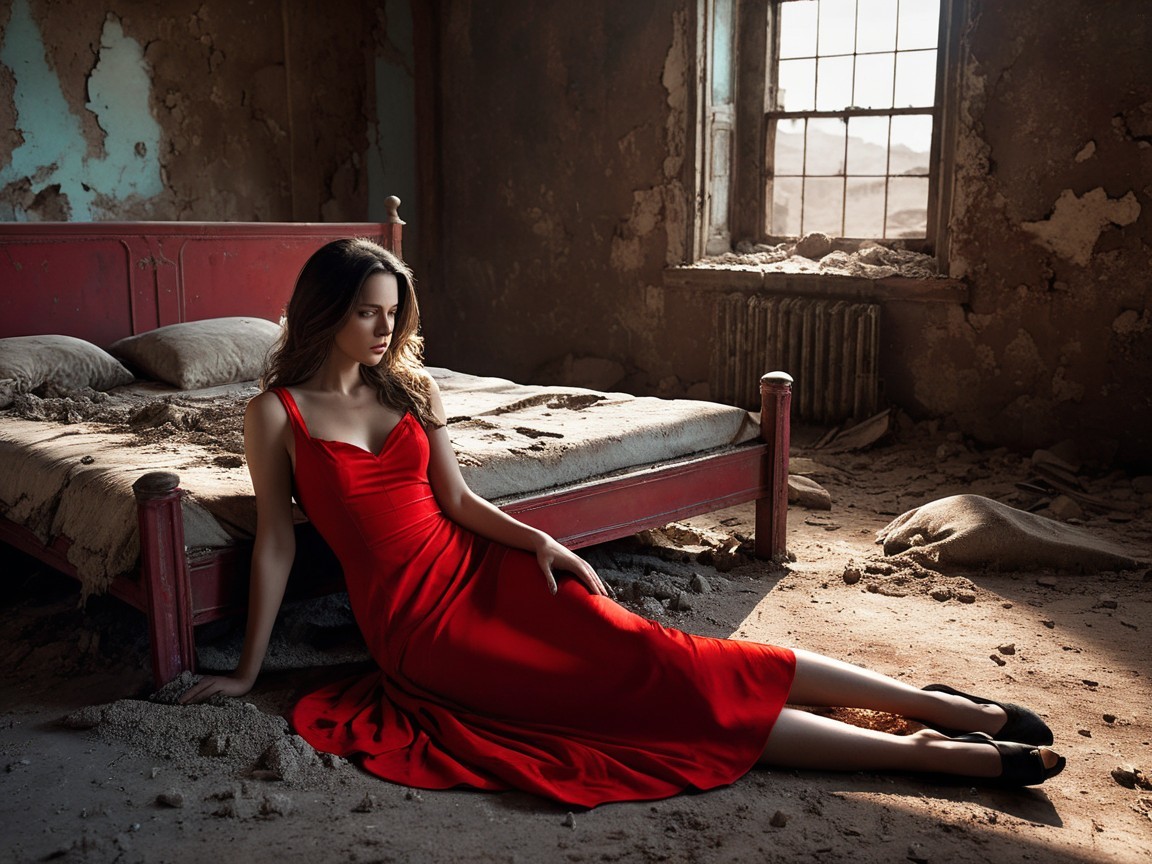 Abandoned Room with Woman in Red Dress and Sunlight