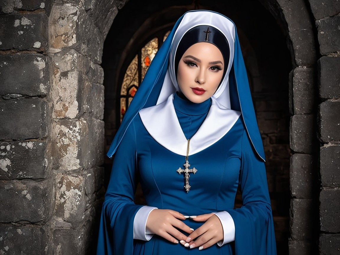 Woman in blue nun's habit in stone archway setting