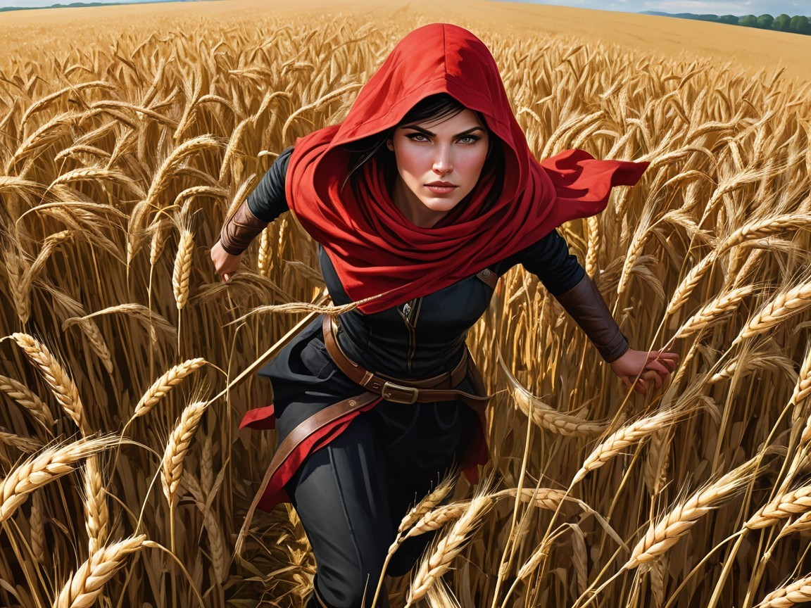 Woman in red cloak running through golden wheat field