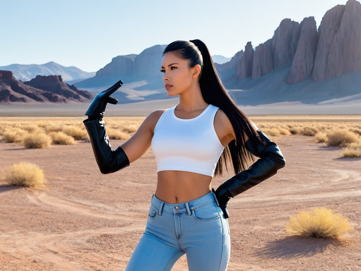 Stylish Woman in Arid Landscape with Dramatic Rocks