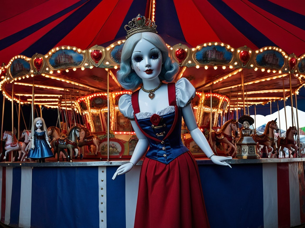 Life-sized doll in vintage princess outfit at carousel