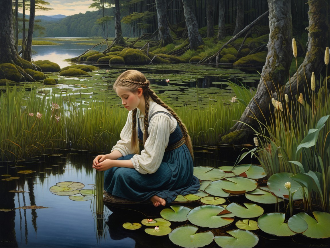 Young Girl on Lily Pad in Serene Lake Setting
