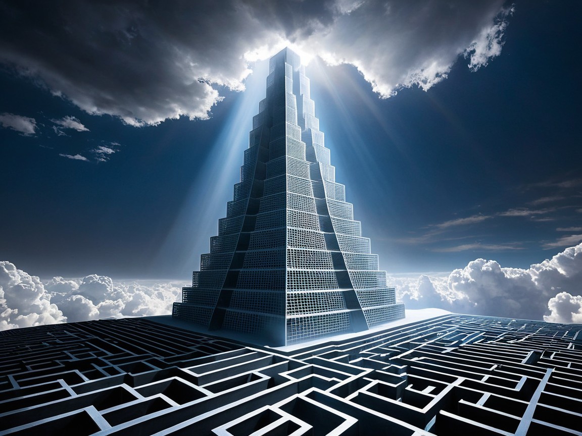 Majestic Pyramid Amidst Labyrinthine Landscape and Light