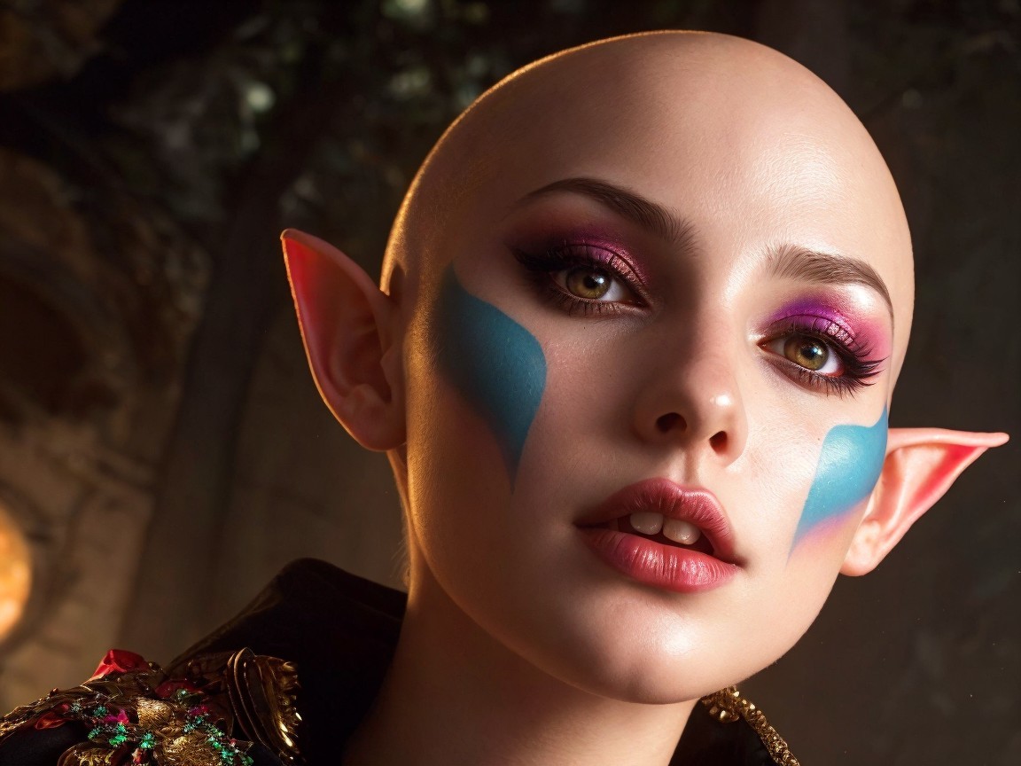 Close-Up Portrait of a Bald Person with Vivid Makeup