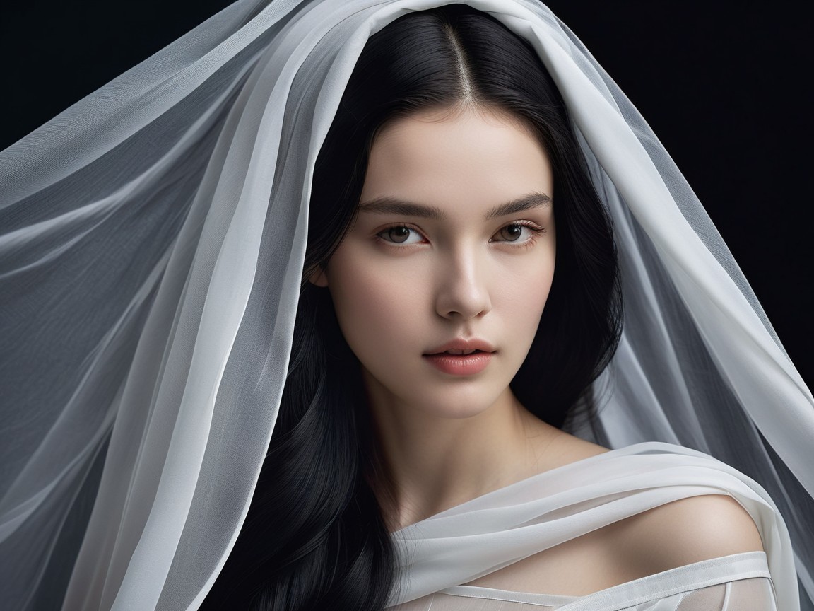Young woman in white veil against dark background