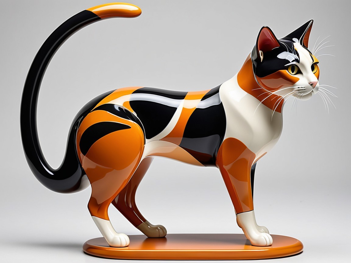 Stylized Calico Cat Sculpture with Glossy Finish