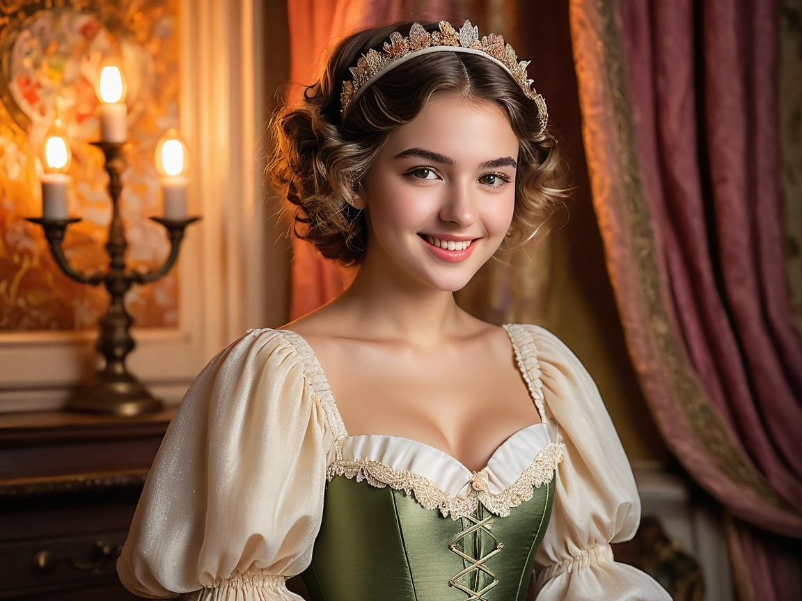 Elegant Historical Gown with Warm Smiling Woman
