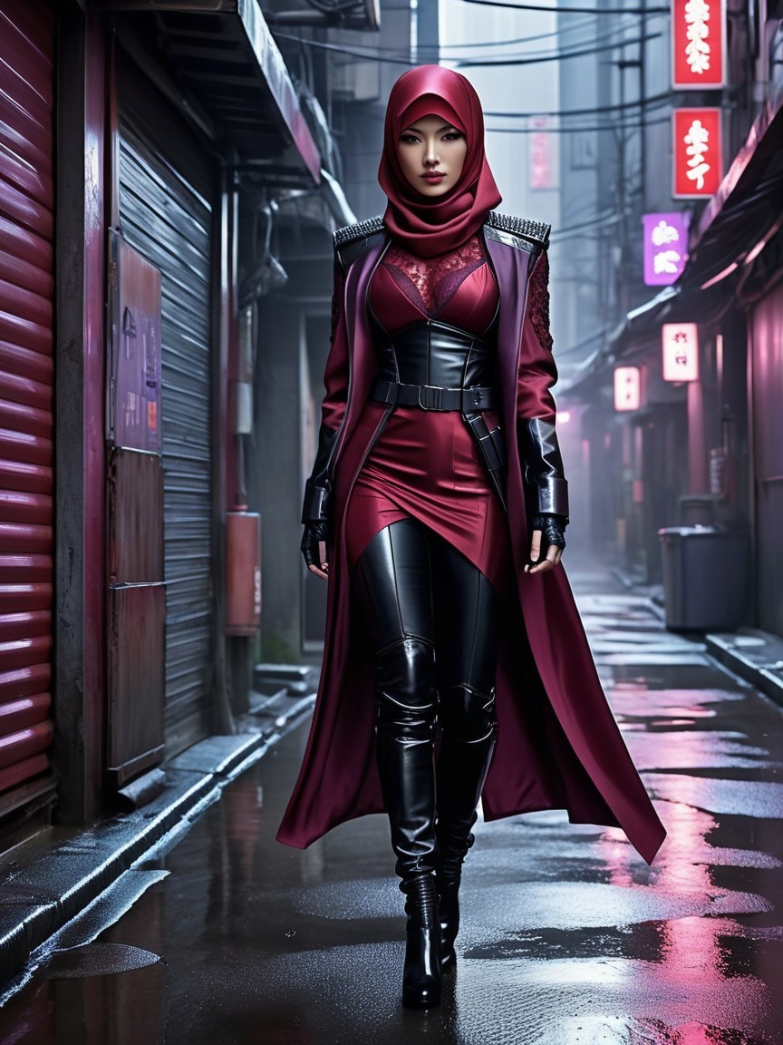 Burgundy Outfit in Dimly Lit Urban Alley Scene