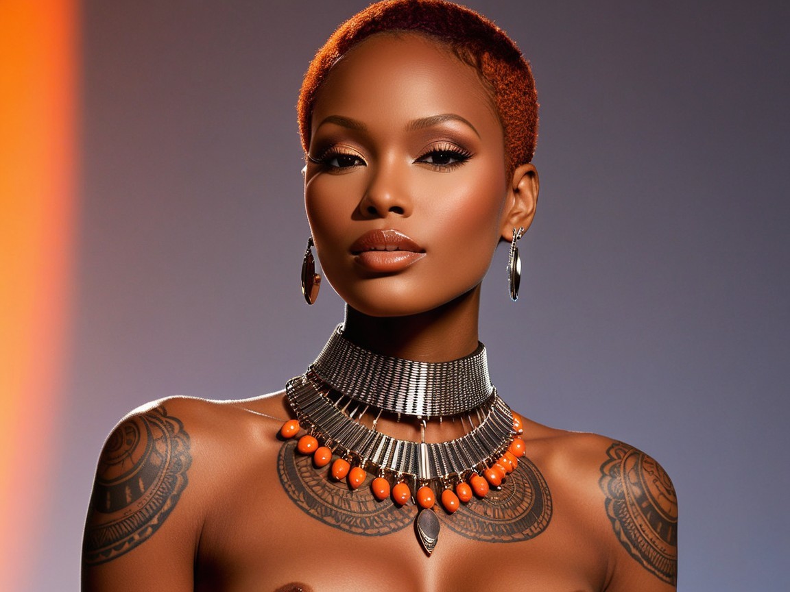 Model with Vibrant Orange Hair and Intricate Tattoos