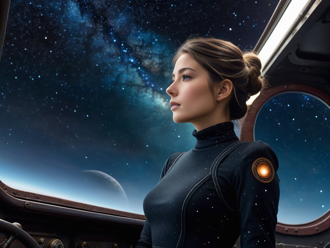 Young woman in spacecraft gazing at stars and galaxies