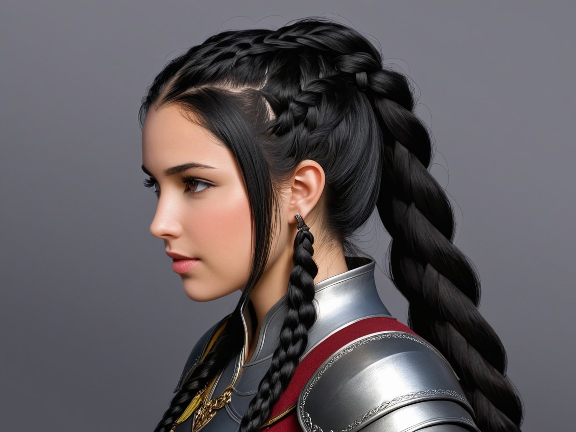 Young woman in silver armor with braided hair