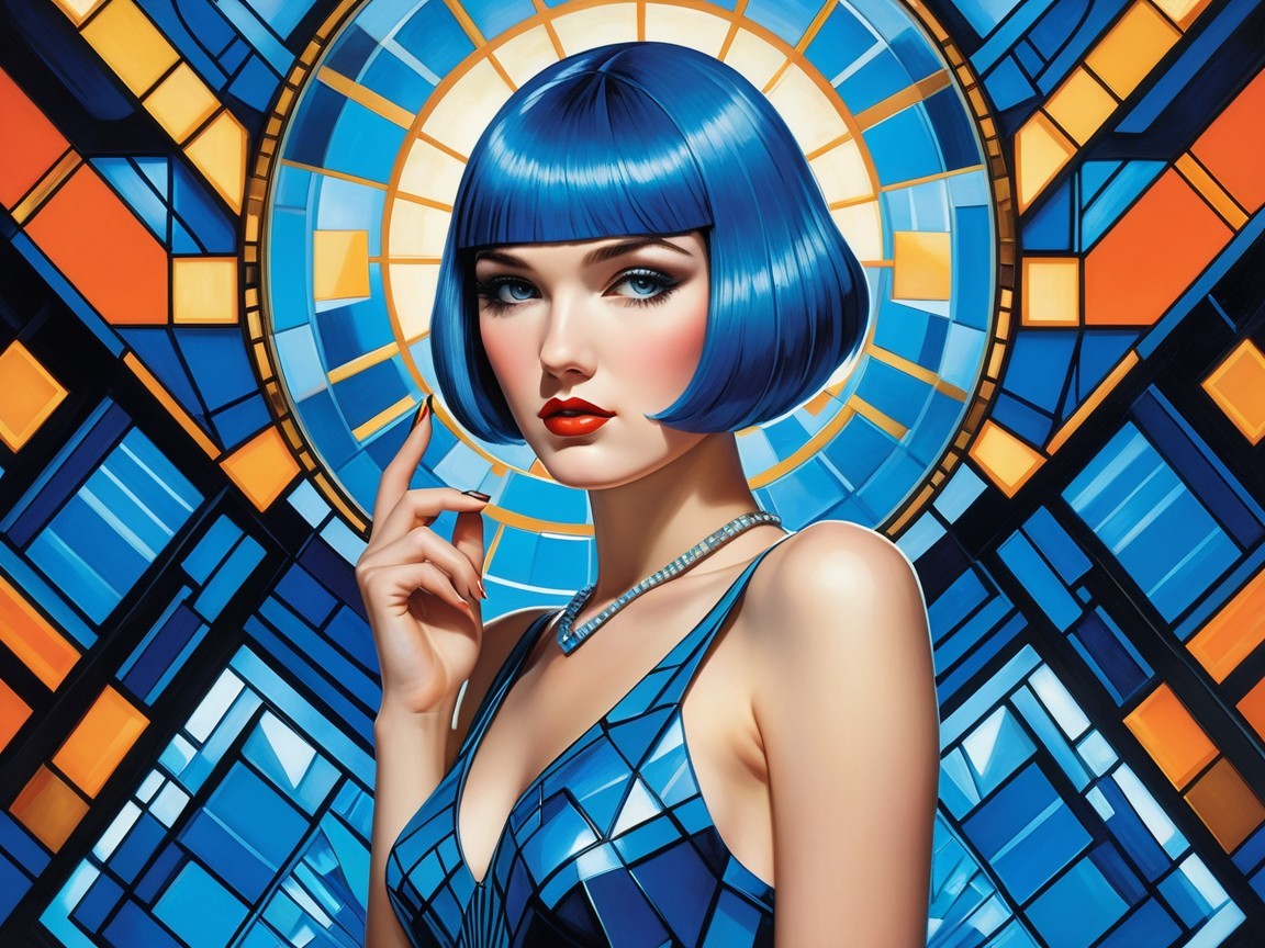 Striking Woman with Blue Bob Against Stained Glass