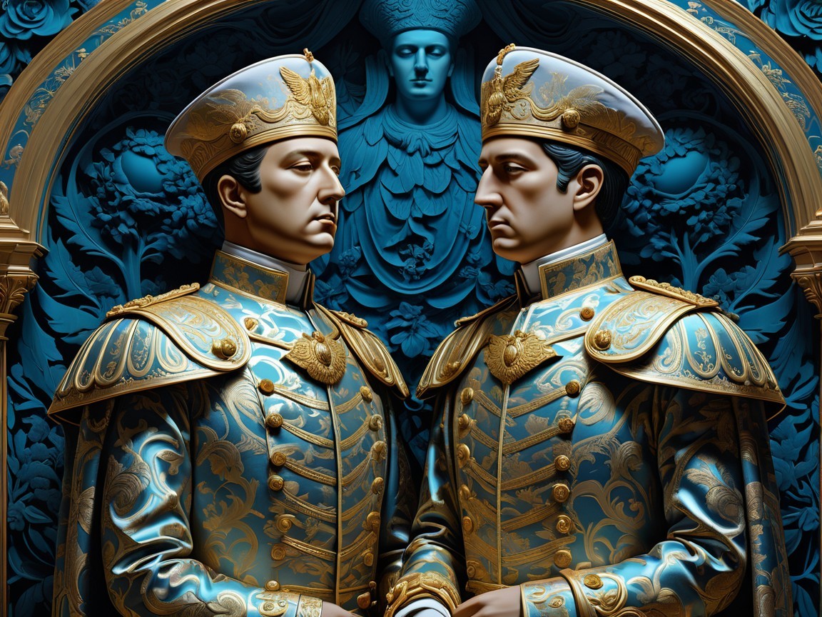 Symmetrical Artwork of Regal Men in Ornate Uniforms