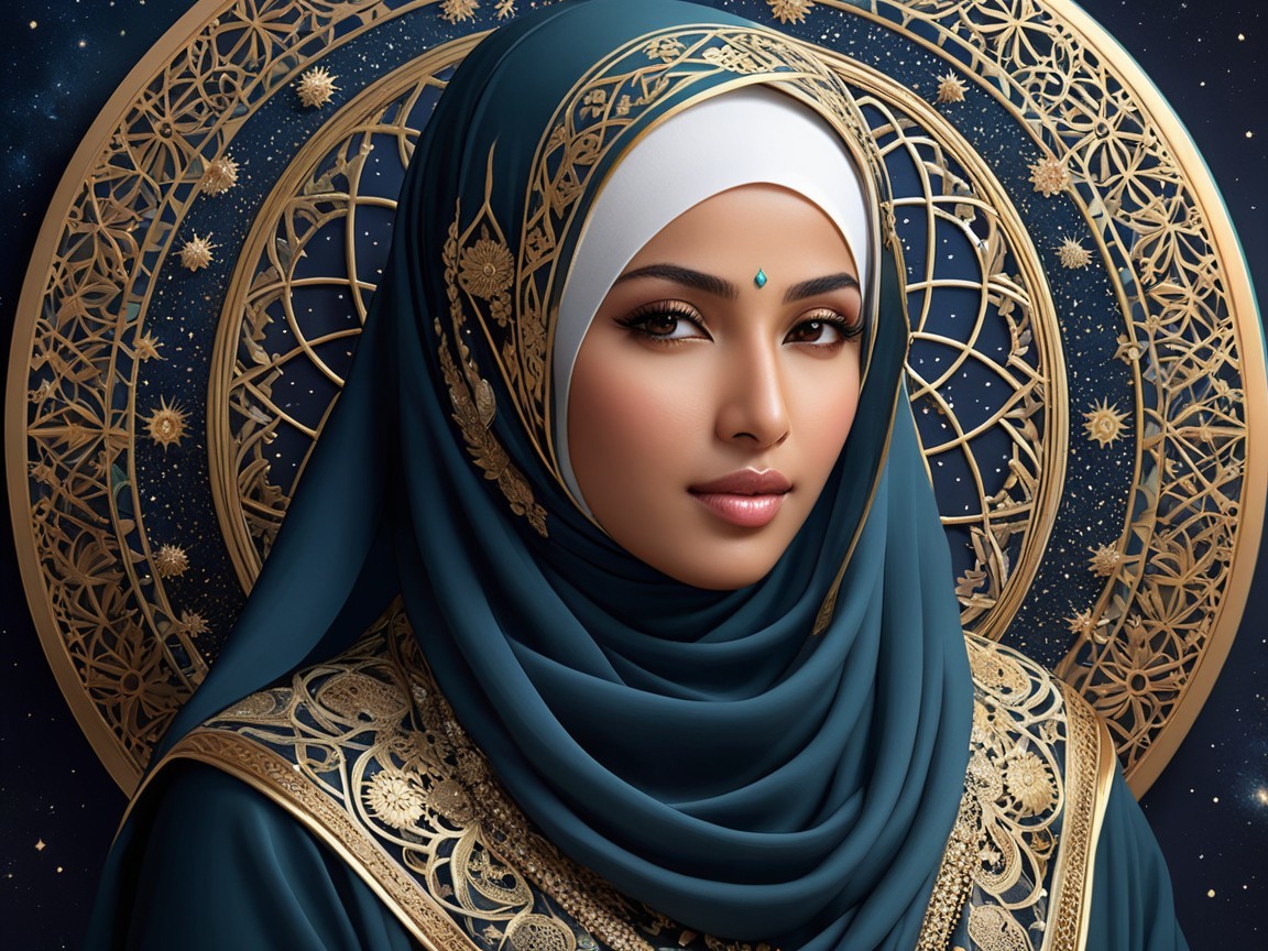 Elegant Woman in Turquoise Hijab with Golden Patterns