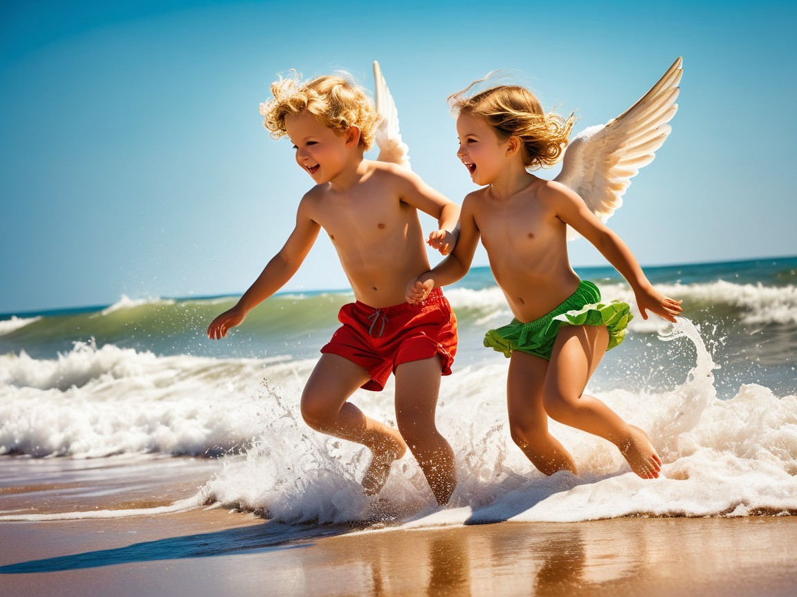 Children with angelic wings playing at the shoreline