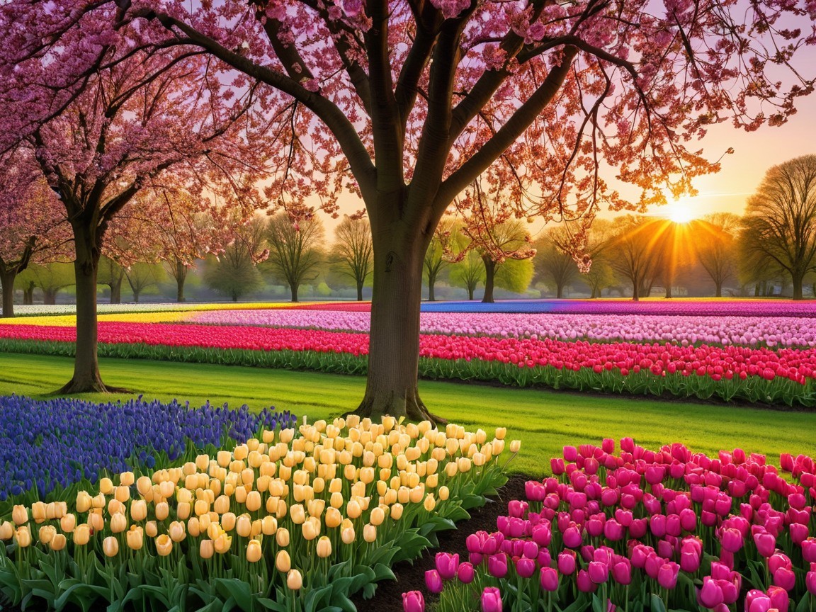 Vibrant Tulip Fields with Cherry Blossoms in Spring