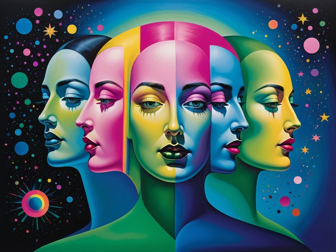 Stylized Faces in Vibrant Colors Against Cosmic Backdrop