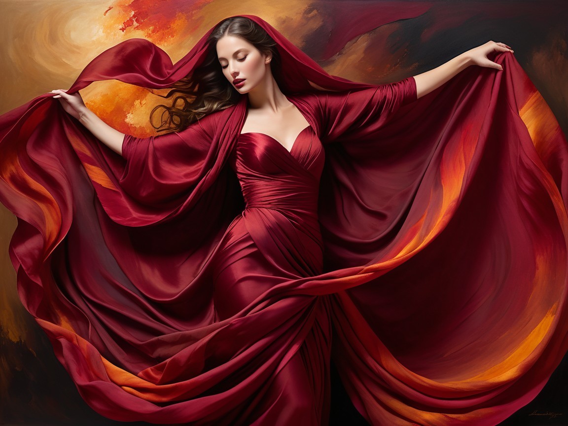 Woman in a deep red gown with an abstract background