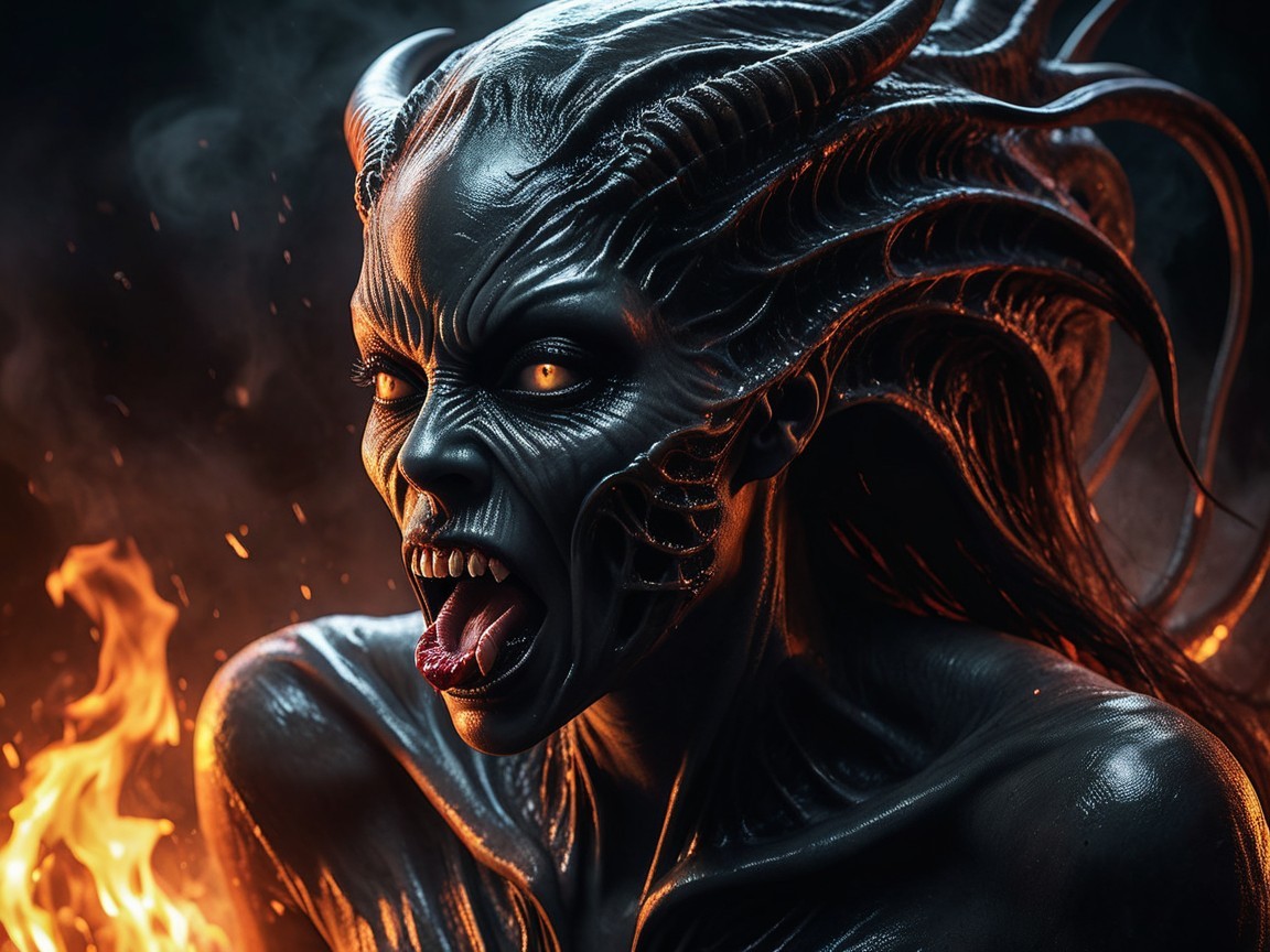 Demonic Figure with Horns and Glowing Eyes in Flames