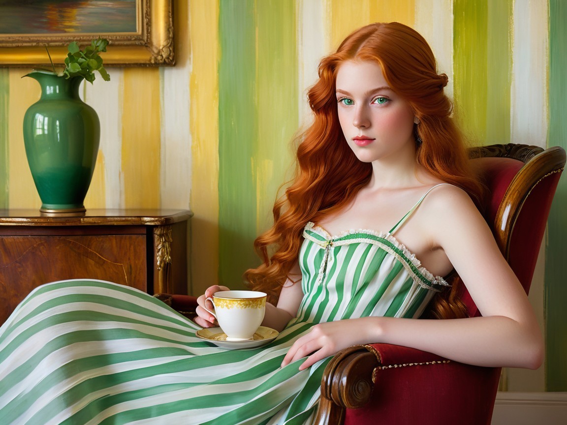 Young woman in striped dress seated with teacup