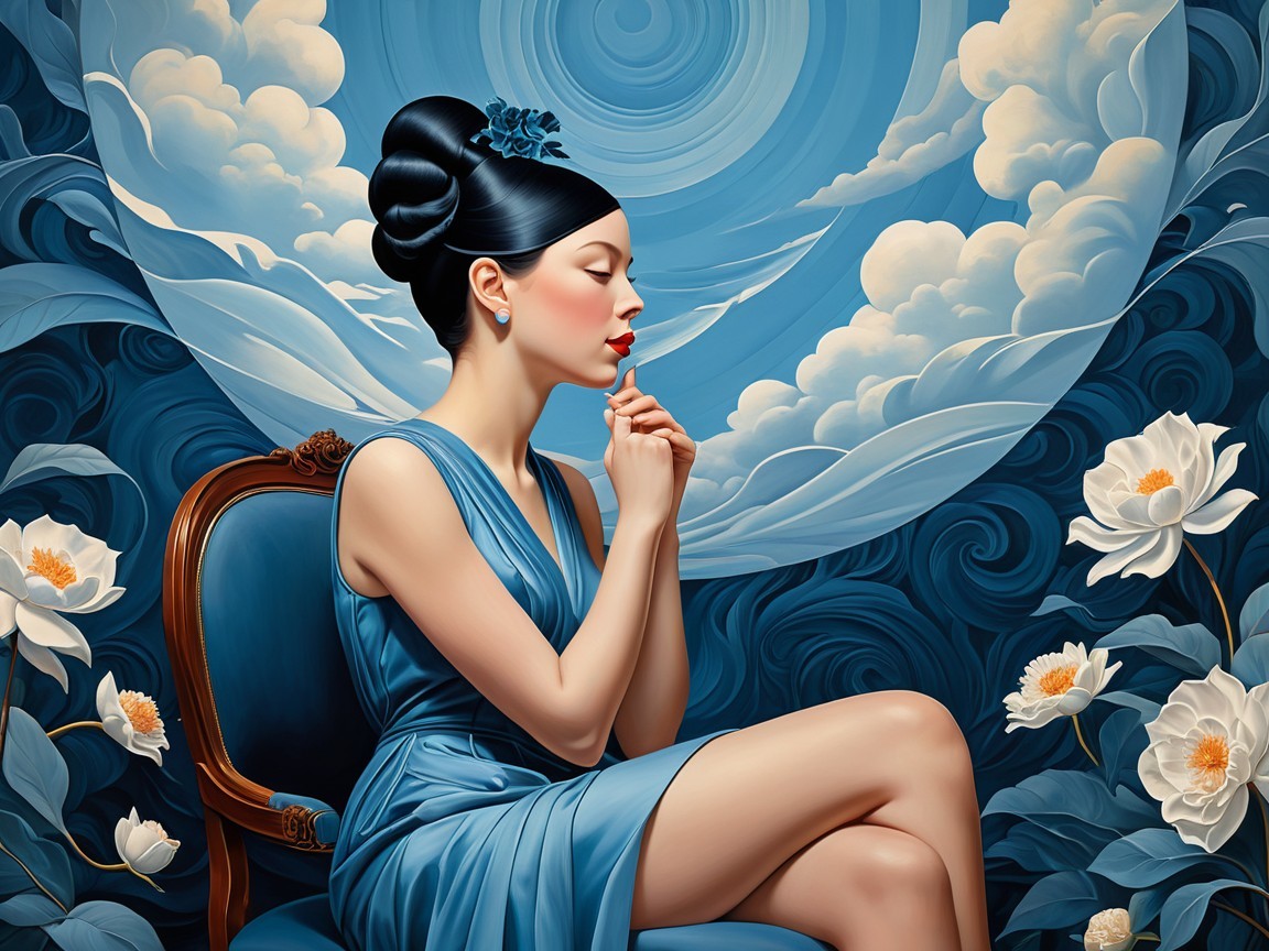 Elegant Woman in Blue Gown in Dreamy Landscape