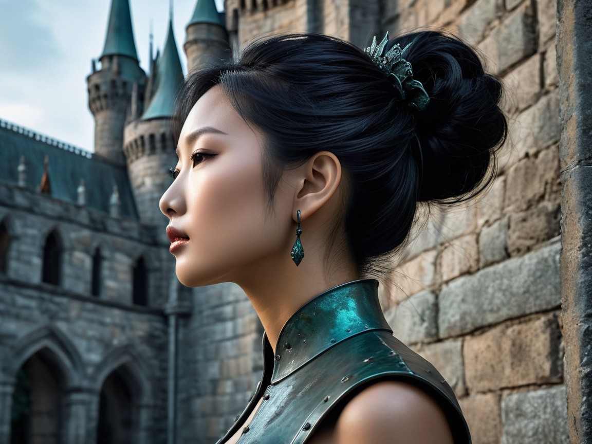 Woman in Emerald Armor by Medieval Castle Spires