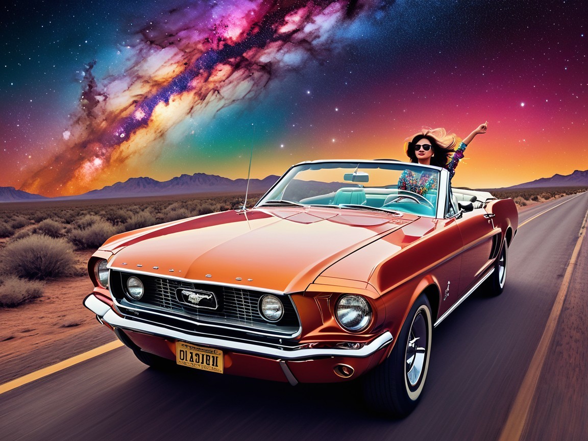 Classic Convertible in Desert with Cosmic Sky