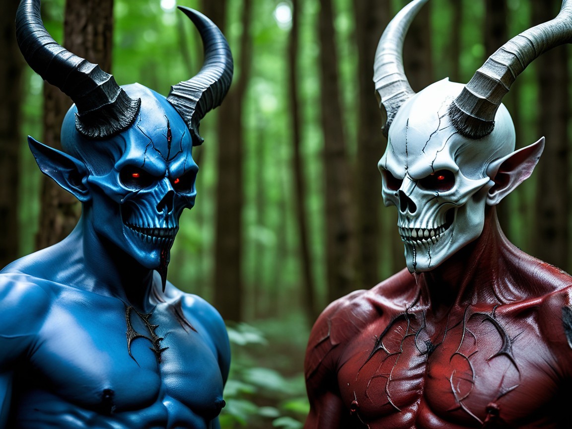 Imposing Figures in Lush Forest with Body Paint