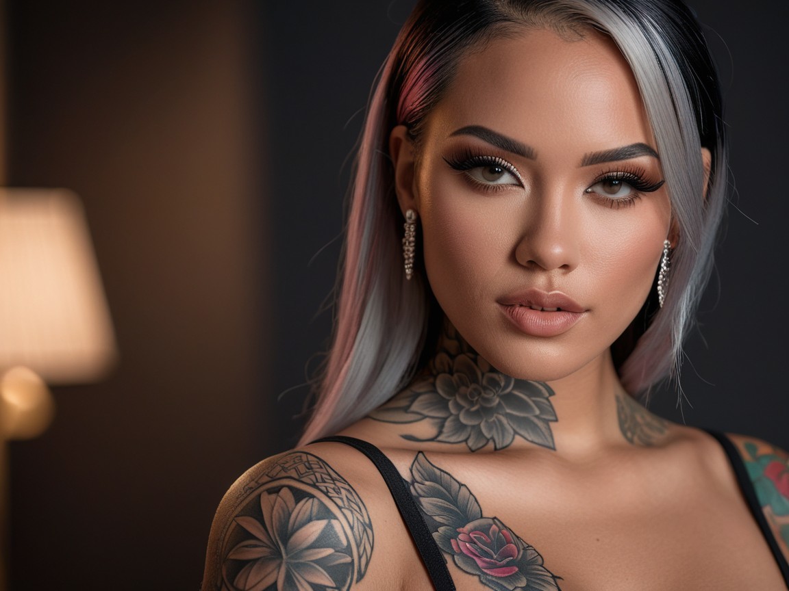 Individual with Long Dyed Hair and Bold Makeup