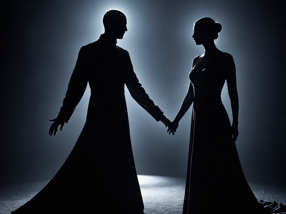 Silhouetted Figures in Elegant Attire with Dramatic Light