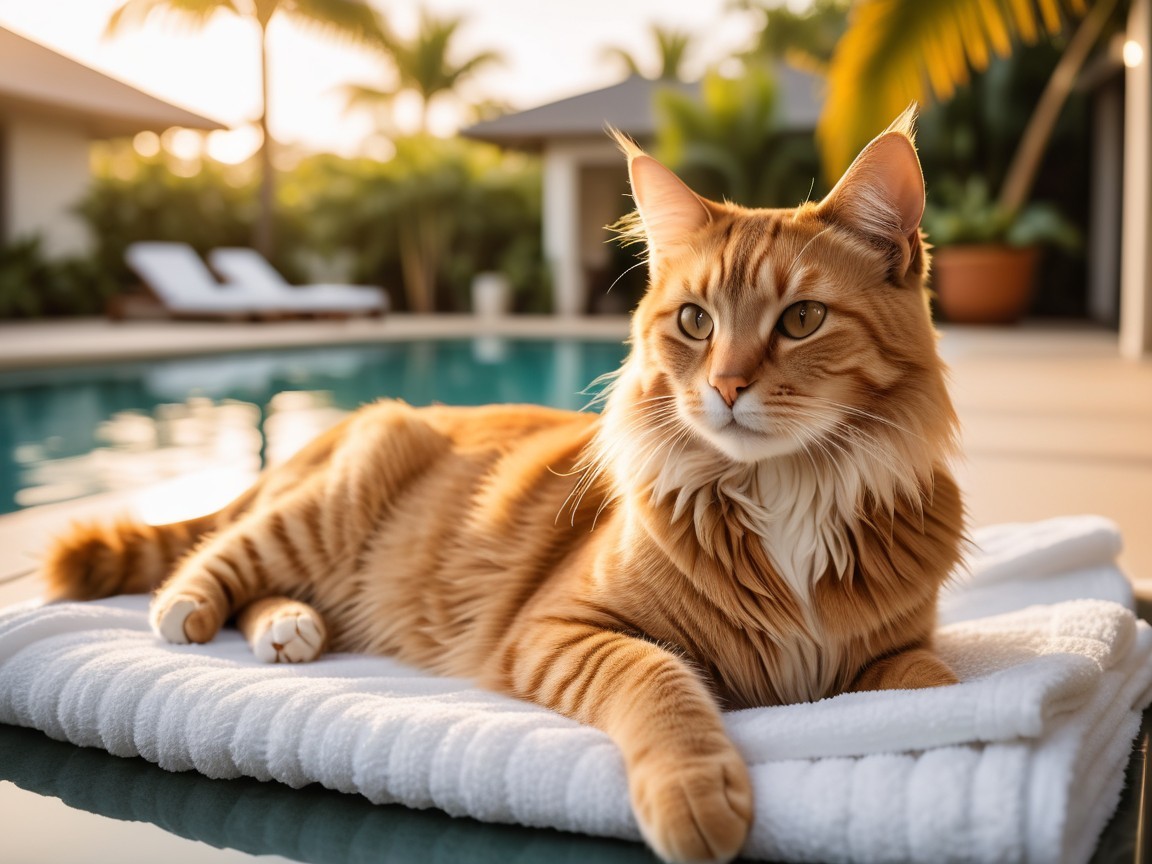 Orange Tabby Cat Relaxing by Luxurious Poolside