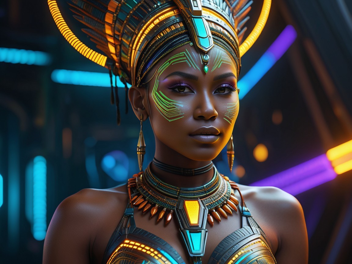 Futuristic Tribal Portrait with Neon Elements and Jewelry