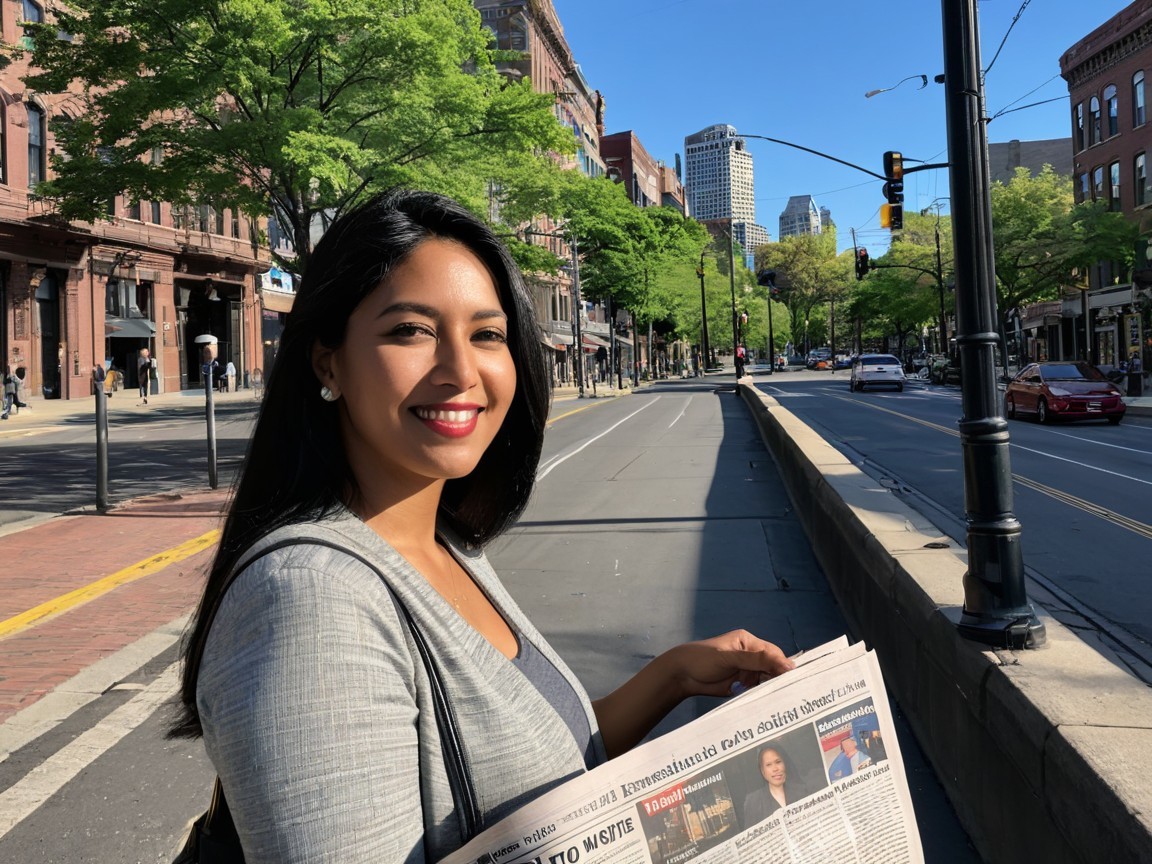 Woman Smiling with Newspaper on Sunny City Street
