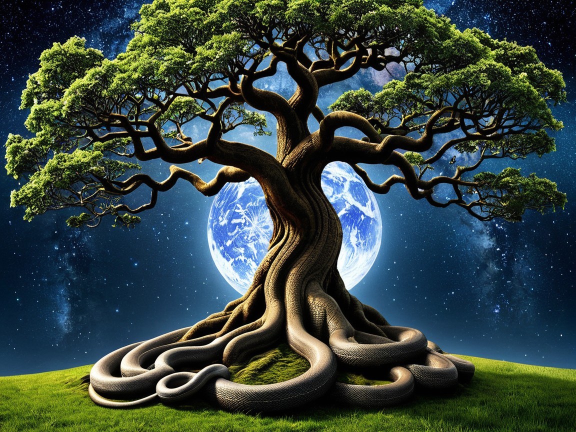 Ancient Tree Under Starry Night with Illuminated Moon