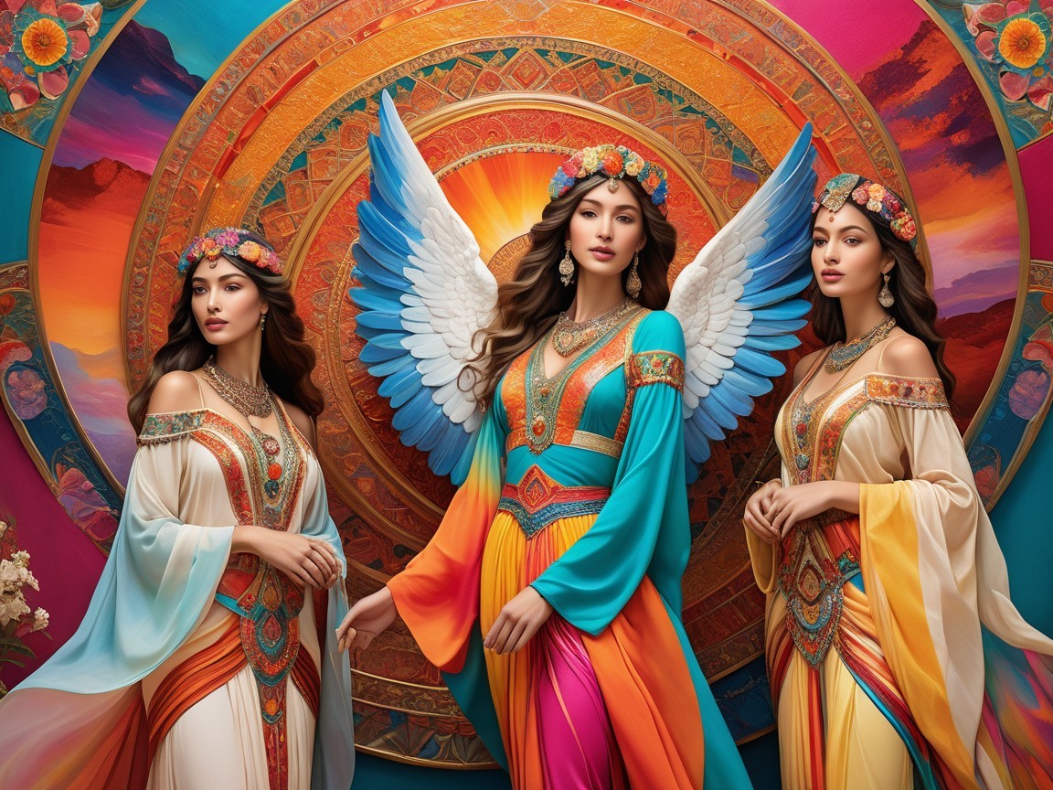Elegant Women in Vibrant Garments with Wings