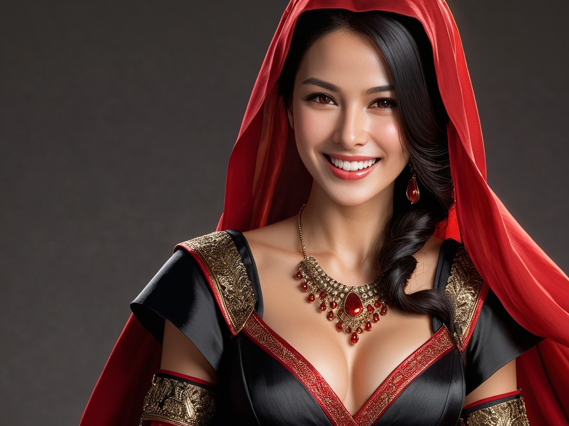 Elegant woman in black gown with red accessories