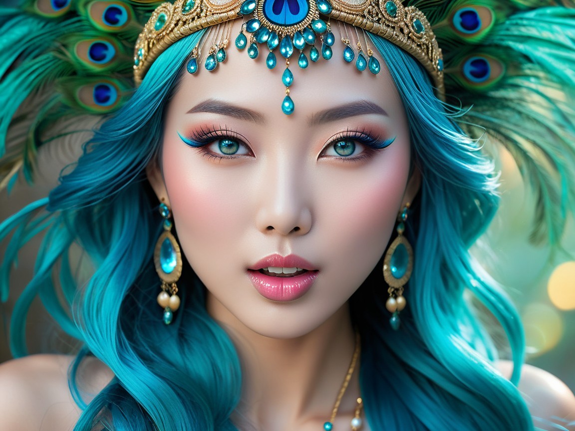 Portrait of a Woman with Turquoise Hair and Crown
