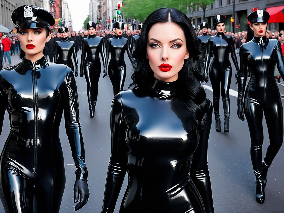 Parade Scene with Figures in Black Latex Outfits