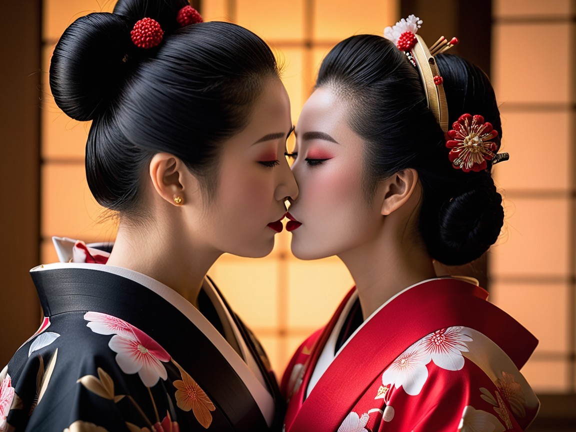 Women in Kimonos Sharing an Intimate Moment