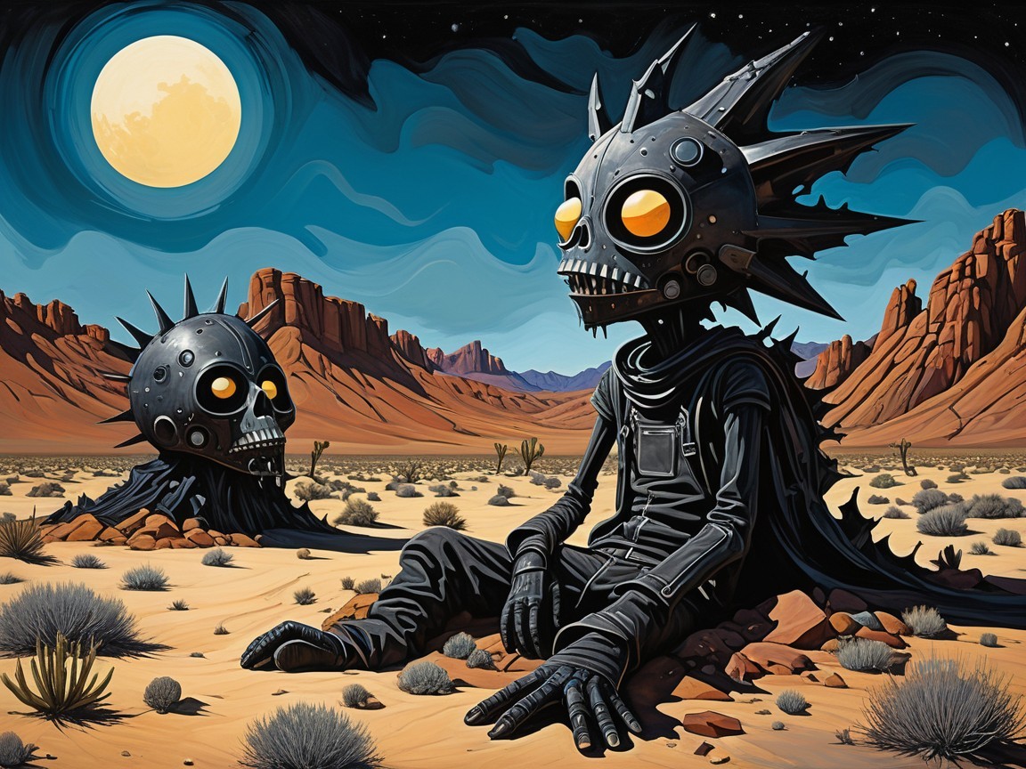 Surreal Desert Scene with Skeletal Figures and Moon