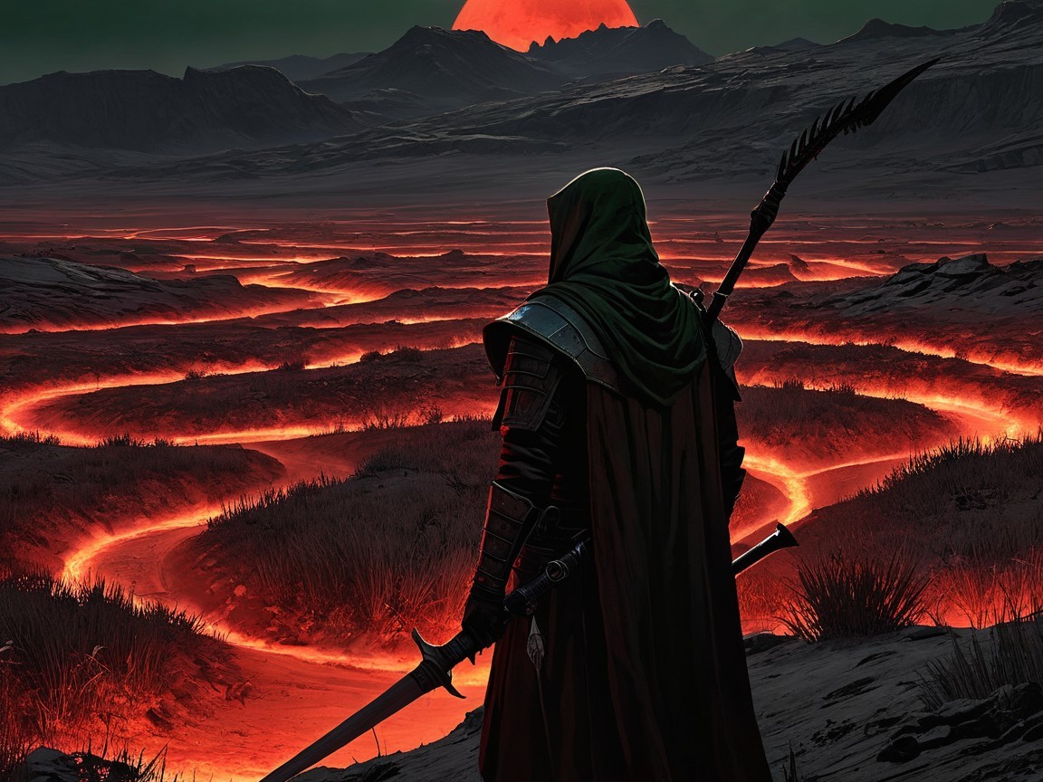 Cloaked Figure Overlooks Volcanic Landscape at Dusk